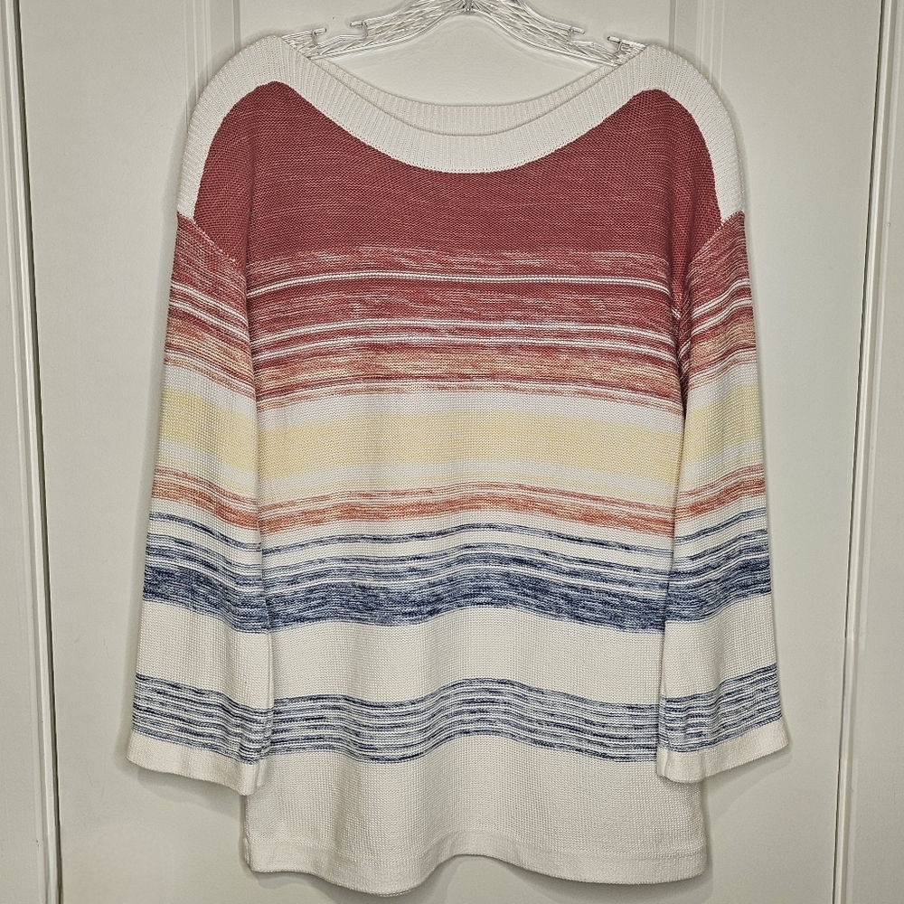 Brittany Black Boatneck Cotton Sweater Large Striped 3/4 Sleeve Coastal Cottage - Picture 4 of 9